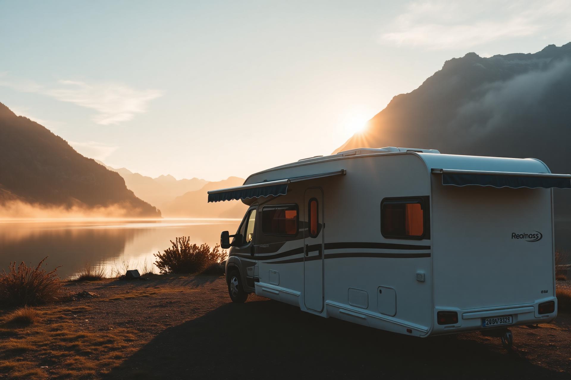 Wohnmobil an einem Schweizer Bergsee im Morgenlicht
